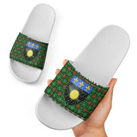 Guadeloupe Christmas Slide Sandals with Green-Red Plaid Design, Sun and Sugarcane Emblem, and Santa Sleigh Motif - Wonder Print Shop
