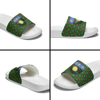 Guadeloupe Christmas Slide Sandals with Green-Red Plaid Design, Sun and Sugarcane Emblem, and Santa Sleigh Motif - Wonder Print Shop