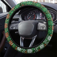 Guadeloupe Christmas Steering Wheel Cover with Green-Red Plaid Design, Sun and Sugarcane Emblem, and Santa Sleigh Motif - Wonder Print Shop