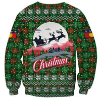 Guadeloupe Christmas Sweatshirt with Green-Red Plaid Design, Sun and Sugarcane Emblem, and Santa Sleigh Motif - Wonder Print Shop