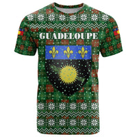 Guadeloupe Christmas T Shirt with Green-Red Plaid Design, Sun and Sugarcane Emblem, and Santa Sleigh Motif - Wonder Print Shop