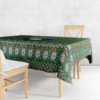 Guadeloupe Christmas Tablecloth with Green-Red Plaid Design, Sun and Sugarcane Emblem, and Santa Sleigh Motif - Wonder Print Shop