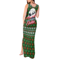 Guadeloupe Christmas Tank Maxi Dress with Green-Red Plaid Design, Sun and Sugarcane Emblem, and Santa Sleigh Motif - Wonder Print Shop