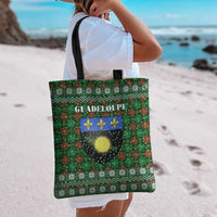 Guadeloupe Christmas Tote Bag with Green-Red Plaid Design, Sun and Sugarcane Emblem, and Santa Sleigh Motif - Wonder Print Shop