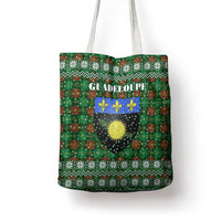 Guadeloupe Christmas Tote Bag with Green-Red Plaid Design, Sun and Sugarcane Emblem, and Santa Sleigh Motif - Wonder Print Shop