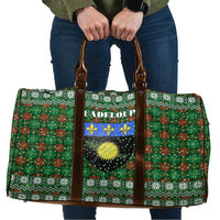 Guadeloupe Christmas Travel Bag with Green-Red Plaid Design, Sun and Sugarcane Emblem, and Santa Sleigh Motif - Wonder Print Shop