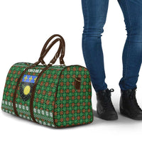 Guadeloupe Christmas Travel Bag with Green-Red Plaid Design, Sun and Sugarcane Emblem, and Santa Sleigh Motif - Wonder Print Shop