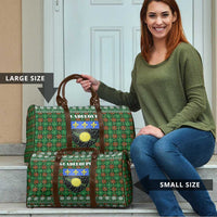 Guadeloupe Christmas Travel Bag with Green-Red Plaid Design, Sun and Sugarcane Emblem, and Santa Sleigh Motif - Wonder Print Shop