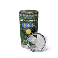 Guadeloupe Christmas Tumbler Cup with Green-Red Plaid Design, Sun and Sugarcane Emblem, and Santa Sleigh Motif - Wonder Print Shop