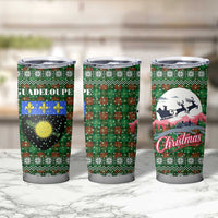 Guadeloupe Christmas Tumbler Cup with Green-Red Plaid Design, Sun and Sugarcane Emblem, and Santa Sleigh Motif - Wonder Print Shop
