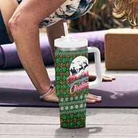 Guadeloupe Christmas Tumbler With Handle with Green-Red Plaid Design, Sun and Sugarcane Emblem, and Santa Sleigh Motif - Wonder Print Shop