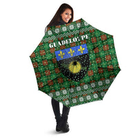 Guadeloupe Christmas Umbrella with Green-Red Plaid Design, Sun and Sugarcane Emblem, and Santa Sleigh Motif - Wonder Print Shop