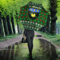 Guadeloupe Christmas Umbrella with Green-Red Plaid Design, Sun and Sugarcane Emblem, and Santa Sleigh Motif - Wonder Print Shop