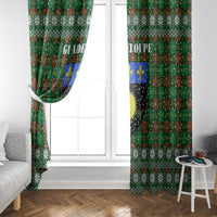 Guadeloupe Christmas Window Curtain with Green-Red Plaid Design, Sun and Sugarcane Emblem, and Santa Sleigh Motif - Wonder Print Shop