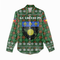 Guadeloupe Christmas Women Casual Shirt with Green-Red Plaid Design, Sun and Sugarcane Emblem, and Santa Sleigh Motif - Wonder Print Shop