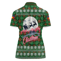 Guadeloupe Christmas Women Polo Shirt with Green-Red Plaid Design, Sun and Sugarcane Emblem, and Santa Sleigh Motif - Wonder Print Shop