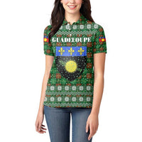 Guadeloupe Christmas Women Polo Shirt with Green-Red Plaid Design, Sun and Sugarcane Emblem, and Santa Sleigh Motif - Wonder Print Shop