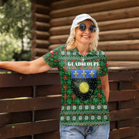 Guadeloupe Christmas Women Polo Shirt with Green-Red Plaid Design, Sun and Sugarcane Emblem, and Santa Sleigh Motif - Wonder Print Shop
