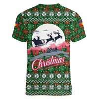 Guadeloupe Christmas Women V-Neck T-Shirt with Green-Red Plaid Design, Sun and Sugarcane Emblem, and Santa Sleigh Motif - Wonder Print Shop