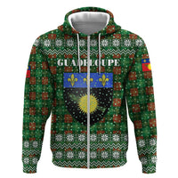 Guadeloupe Christmas Zip Hoodie with Green-Red Plaid Design, Sun and Sugarcane Emblem, and Santa Sleigh Motif - Wonder Print Shop