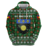 Guadeloupe Christmas Zip Hoodie with Green-Red Plaid Design, Sun and Sugarcane Emblem, and Santa Sleigh Motif - Wonder Print Shop