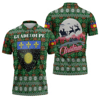 Guadeloupe Christmas Zipper Polo Shirt with Green-Red Plaid Design, Sun and Sugarcane Emblem, and Santa Sleigh Motif - Wonder Print Shop