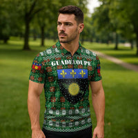 Guadeloupe Christmas Zipper Polo Shirt with Green-Red Plaid Design, Sun and Sugarcane Emblem, and Santa Sleigh Motif - Wonder Print Shop