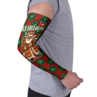 Guadeloupe Christmas Arm Sleeves with Green-Red Plaid Design, Island Map, and Traditional Santa Motif - Wonder Print Shop