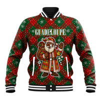 Guadeloupe Christmas Baseball Jacket with Green-Red Plaid Design, Island Map, and Traditional Santa Motif - Wonder Print Shop