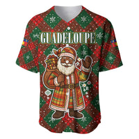 Guadeloupe Christmas Baseball Jersey with Green-Red Plaid Design, Island Map, and Traditional Santa Motif - Wonder Print Shop