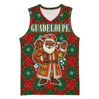Guadeloupe Christmas Basketball Jersey with Green-Red Plaid Design, Island Map, and Traditional Santa Motif - Wonder Print Shop