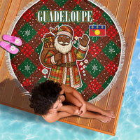 Guadeloupe Christmas Beach Blanket with Green-Red Plaid Design, Island Map, and Traditional Santa Motif - Wonder Print Shop