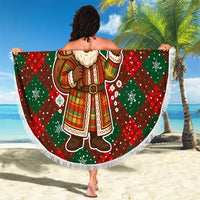 Guadeloupe Christmas Beach Blanket with Green-Red Plaid Design, Island Map, and Traditional Santa Motif - Wonder Print Shop