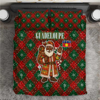 Guadeloupe Christmas Bedding Set with Green-Red Plaid Design, Island Map, and Traditional Santa Motif - Wonder Print Shop