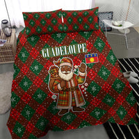 Guadeloupe Christmas Bedding Set with Green-Red Plaid Design, Island Map, and Traditional Santa Motif - Wonder Print Shop