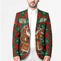 Guadeloupe Christmas Blazer with Green-Red Plaid Design, Island Map, and Traditional Santa Motif - Wonder Print Shop