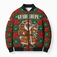 Guadeloupe Christmas Bomber Puffer Jacket with Green-Red Plaid Design, Island Map, and Traditional Santa Motif - Wonder Print Shop