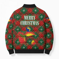 Guadeloupe Christmas Bomber Puffer Jacket with Green-Red Plaid Design, Island Map, and Traditional Santa Motif - Wonder Print Shop