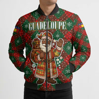 Guadeloupe Christmas Bomber Puffer Jacket with Green-Red Plaid Design, Island Map, and Traditional Santa Motif - Wonder Print Shop