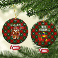 Guadeloupe Christmas Ceramic Ornament with Green-Red Plaid Design, Island Map, and Traditional Santa Motif - Wonder Print Shop