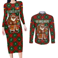 Guadeloupe Christmas Couples Matching Long Sleeve Bodycon Dress and Long Sleeve Button Shirt with Green-Red Plaid Design, Island Map, and Traditional Santa Motif - Wonder Print Shop