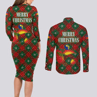 Guadeloupe Christmas Couples Matching Long Sleeve Bodycon Dress and Long Sleeve Button Shirt with Green-Red Plaid Design, Island Map, and Traditional Santa Motif - Wonder Print Shop