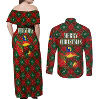 Guadeloupe Christmas Couples Matching Off Shoulder Maxi Dress and Long Sleeve Button Shirt with Green-Red Plaid Design, Island Map, and Traditional Santa Motif - Wonder Print Shop