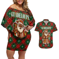 Guadeloupe Christmas Couples Matching Off Shoulder Short Dress and Hawaiian Shirt with Green-Red Plaid Design, Island Map, and Traditional Santa Motif - Wonder Print Shop