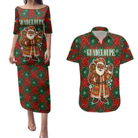 Guadeloupe Christmas Couples Matching Puletasi and Hawaiian Shirt with Green-Red Plaid Design, Island Map, and Traditional Santa Motif - Wonder Print Shop