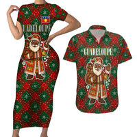 Guadeloupe Christmas Couples Matching Short Sleeve Bodycon Dress and Hawaiian Shirt with Green-Red Plaid Design, Island Map, and Traditional Santa Motif - Wonder Print Shop