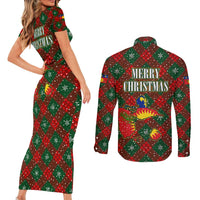 Guadeloupe Christmas Couples Matching Short Sleeve Bodycon Dress and Long Sleeve Button Shirt with Green-Red Plaid Design, Island Map, and Traditional Santa Motif - Wonder Print Shop