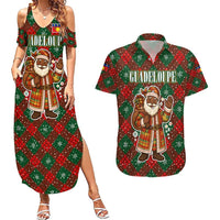 Guadeloupe Christmas Couples Matching Summer Maxi Dress and Hawaiian Shirt with Green-Red Plaid Design, Island Map, and Traditional Santa Motif - Wonder Print Shop