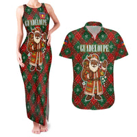 Guadeloupe Christmas Couples Matching Tank Maxi Dress and Hawaiian Shirt with Green-Red Plaid Design, Island Map, and Traditional Santa Motif - Wonder Print Shop