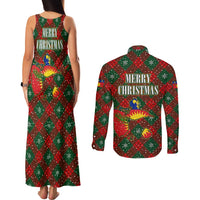 Guadeloupe Christmas Couples Matching Tank Maxi Dress and Long Sleeve Button Shirt with Green-Red Plaid Design, Island Map, and Traditional Santa Motif - Wonder Print Shop